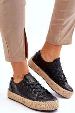Big Star Shoes Czarne Espadryle*Wiązane Espadryle Na Plecionej Platformie Big Star JJ274396 Czarne