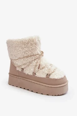 Damskie Boto Wiązane Śniegowce Damskie Na Grubej Podeszwie Beżowe Loso