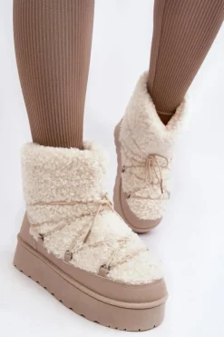 Damskie Boto Wiązane Śniegowce Damskie Na Grubej Podeszwie Beżowe Loso