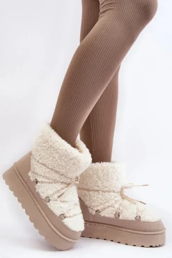 Damskie Boto Wiązane Śniegowce Damskie Na Grubej Podeszwie Beżowe Loso