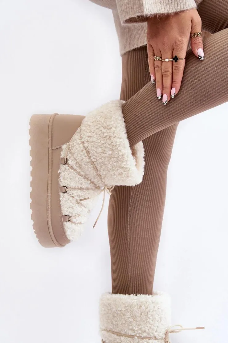 Damskie Boto Wiązane Śniegowce Damskie Na Grubej Podeszwie Beżowe Loso