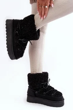 Damskie Boto Wiązane Śniegowce Damskie Na Grubej Podeszwie Czarne Loso