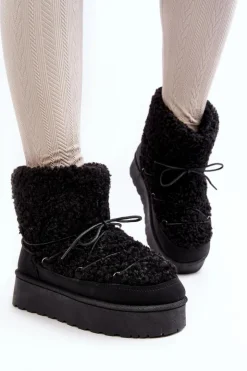 Damskie Boto Wiązane Śniegowce Damskie Na Grubej Podeszwie Czarne Loso