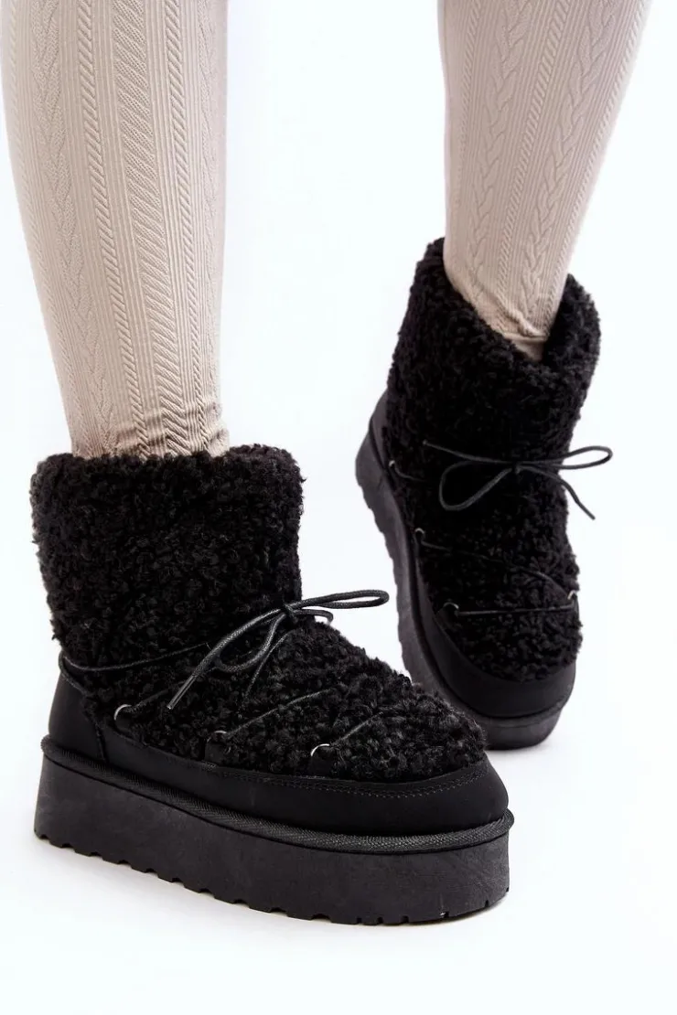 Damskie Boto Wiązane Śniegowce Damskie Na Grubej Podeszwie Czarne Loso