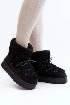 Damskie Boto Wiązane Śniegowce Damskie Na Grubej Podeszwie Czarne Loso