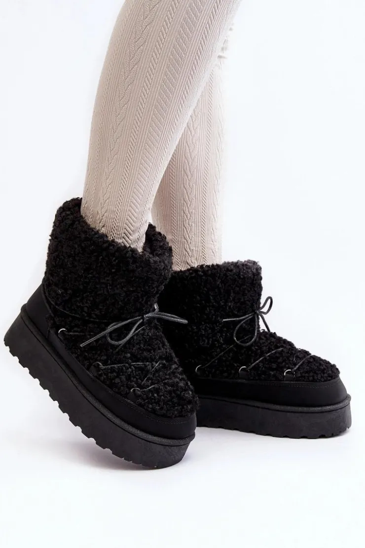 Damskie Boto Wiązane Śniegowce Damskie Na Grubej Podeszwie Czarne Loso