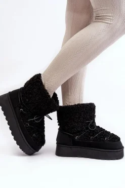 Damskie Boto Wiązane Śniegowce Damskie Na Grubej Podeszwie Czarne Loso