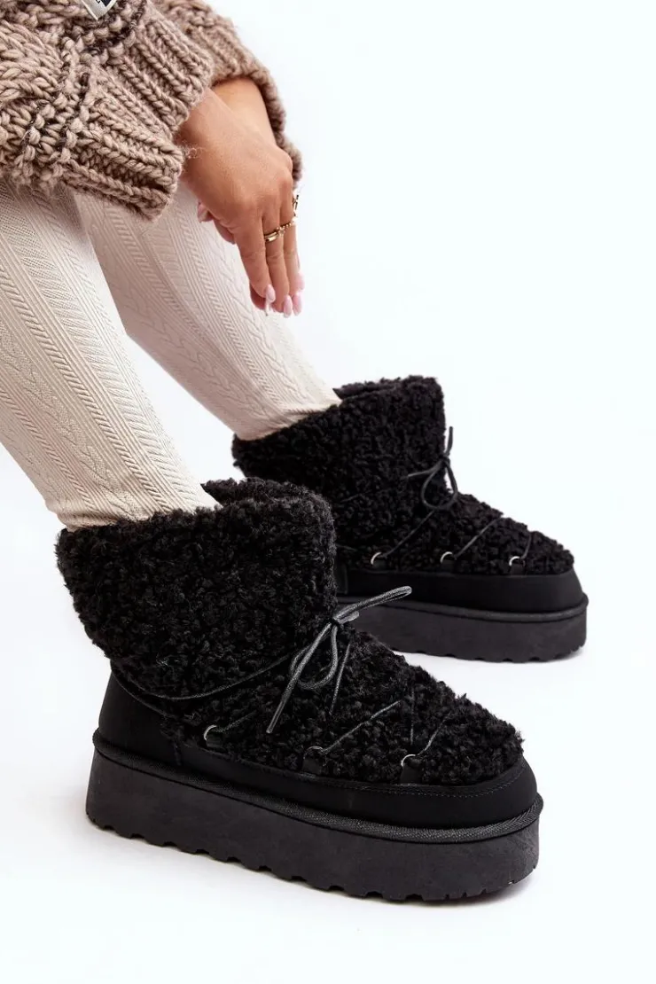 Damskie Boto Wiązane Śniegowce Damskie Na Grubej Podeszwie Czarne Loso