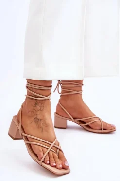 Damskie Boto Wiązane Sandałki Japonki Na Obcasie Beżowe Secret Love