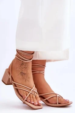 Damskie Boto Wiązane Sandałki Japonki Na Obcasie Beżowe Secret Love