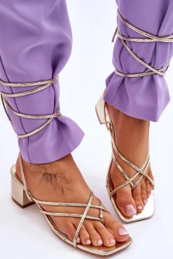 Boto Sandały Na Obcasie*Wiązane Sandałki Japonki Na Obcasie Złote Secret Love Złoty