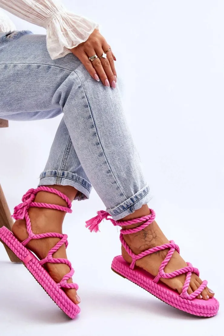 Boto Sandały Płaskie*Wiązane Sandałki Na Masywnej Platformie Różowe Can't Wait