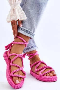 Boto Sandały Płaskie*Wiązane Sandałki Na Masywnej Platformie Różowe Can't Wait