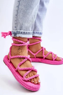 Boto Sandały Płaskie*Wiązane Sandałki Na Masywnej Platformie Różowe Can't Wait
