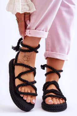 Boto Sandały Płaskie*Wiązane Sandałki Na Masywnej Platformie Czarne Can't Wait