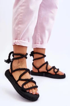 Boto Sandały Płaskie*Wiązane Sandałki Na Masywnej Platformie Czarne Can't Wait