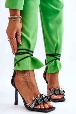 Online Boto Wiązane Sandałki Na Szpilce Z Motylami Czarne Delmar