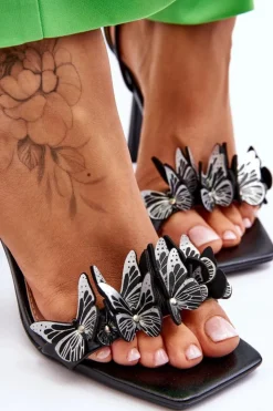 Online Boto Wiązane Sandałki Na Szpilce Z Motylami Czarne Delmar