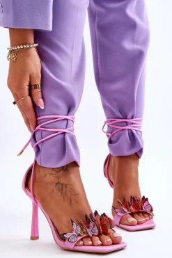 Boto Sandały Na Obcasie*Wiązane Sandałki Na Szpilce Z Motylami Różowe Delmar