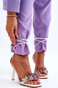 Damskie Boto Wiązane Sandałki Na Szpilce Z Motylami Białe Delmar