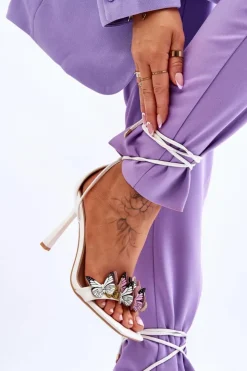 Damskie Boto Wiązane Sandałki Na Szpilce Z Motylami Białe Delmar