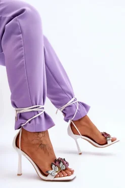 Damskie Boto Wiązane Sandałki Na Szpilce Z Motylami Białe Delmar