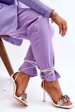 Damskie Boto Wiązane Sandałki Na Szpilce Z Motylami Białe Delmar