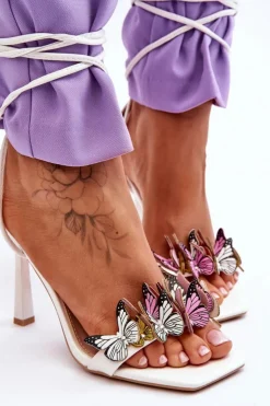 Damskie Boto Wiązane Sandałki Na Szpilce Z Motylami Białe Delmar