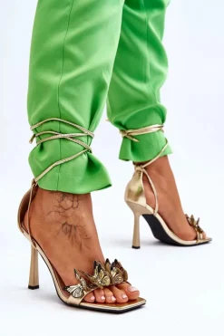 Boto Sandały Na Obcasie*Wiązane Sandałki Na Szpilce Z Motylami Złote Delmar