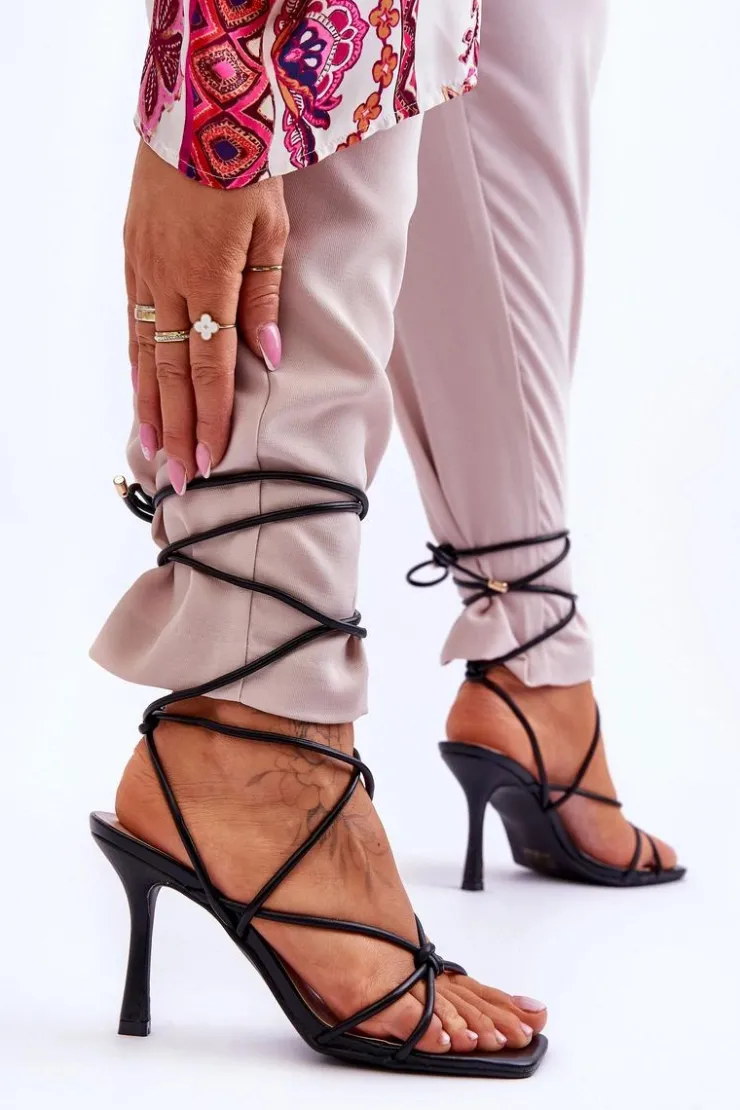 Clearance Boto Wiązane Sandałki Na Szpilce Czarne Savage