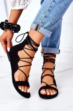 Damskie Boto Wiązane Sandały Gladiatorki Lu Boo Czarne