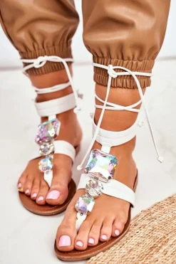 Damskie Boto Wiązane Sandały Gladiatorki Z Kryształkami Białe Volare