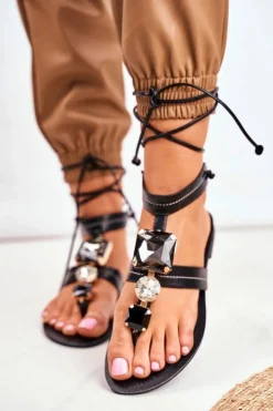 New Boto Wiązane Sandały Gladiatorki Z Kryształkami Czarne Volare
