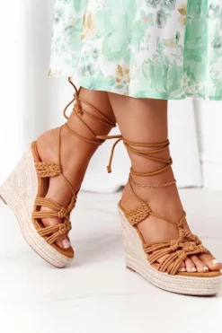 Best Boto Wiązane Sandały Na Koturnie Z Plecionką Camel Run The World