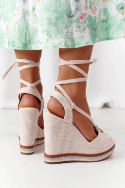 Damskie Boto Wiązane Sandały Na Koturnie Beżowe Hawaii