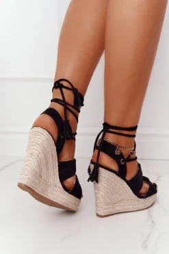 Damskie Boto Wiązane Sandały Na Koturnie Z Plecionką Czarne Mallorca