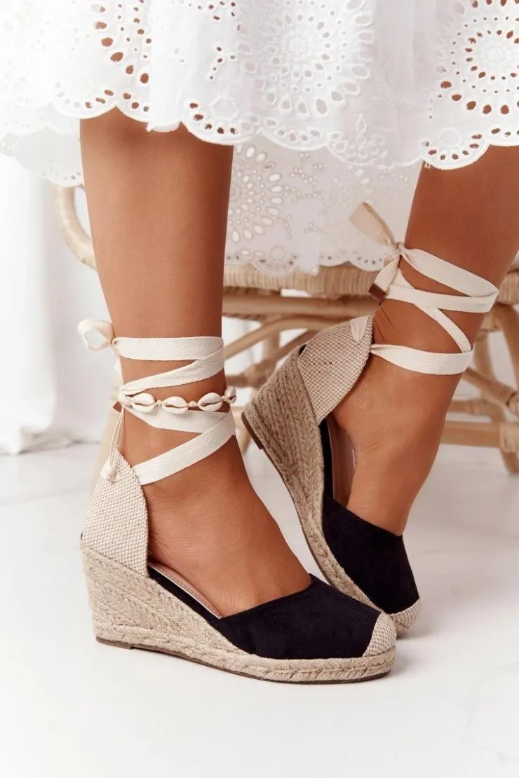 Outlet Boto Wiązane Sandały Na Koturnie Z Plecionką Czarne Nelly