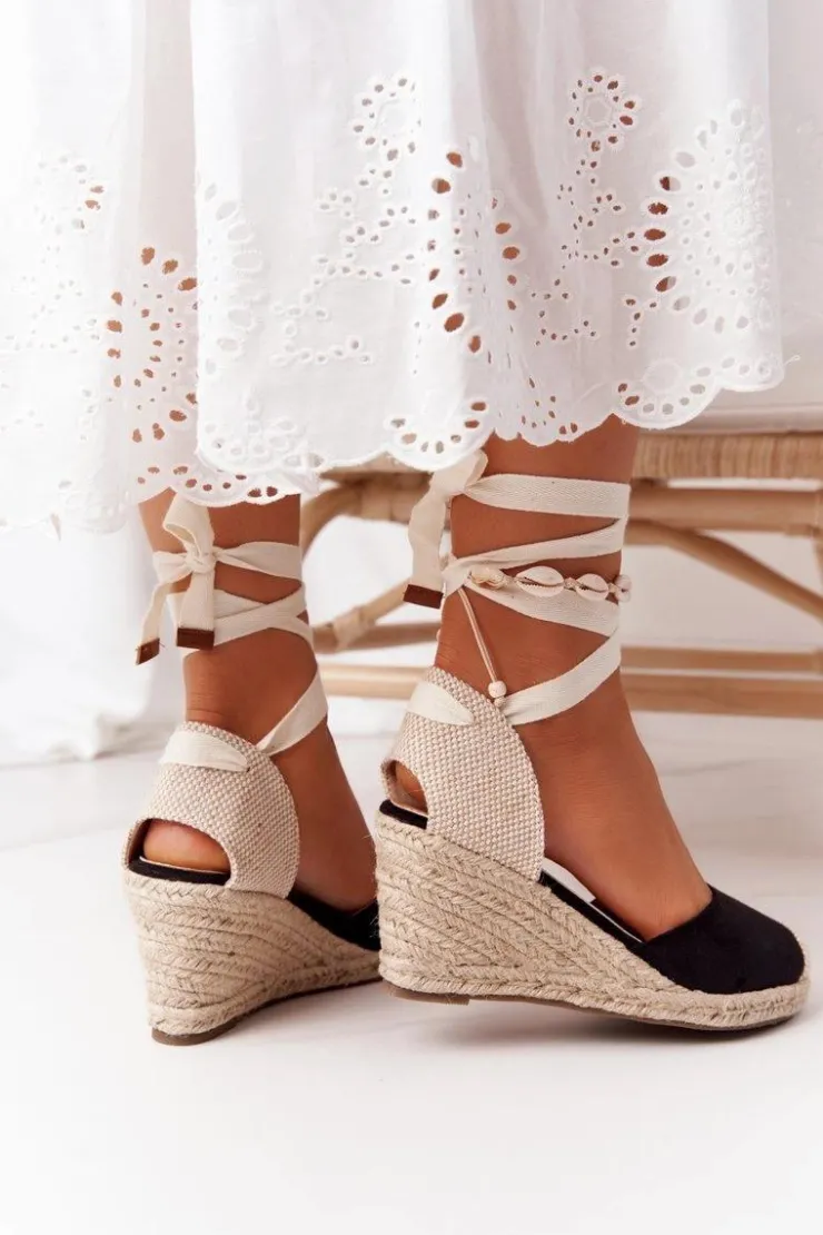 Outlet Boto Wiązane Sandały Na Koturnie Z Plecionką Czarne Nelly