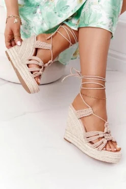 Boto Sandały Na Koturnie*Wiązane Sandały Na Koturnie Z Plecionką Nude Run The World