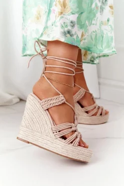 Boto Sandały Na Koturnie*Wiązane Sandały Na Koturnie Z Plecionką Nude Run The World
