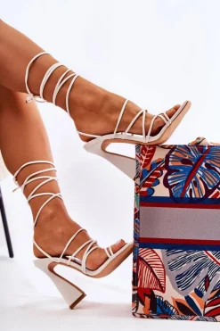 Clearance Boto Wiązane Sandały Na Modnym Obcasie Białe Canves