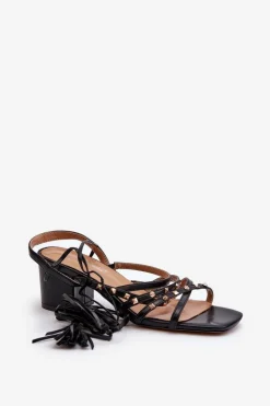 Damskie Evento Wiązane Sandały Na Niskim Obcasie Ozdobione Ćwiekami Czarne Chrisele