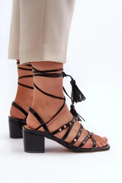 Damskie Evento Wiązane Sandały Na Niskim Obcasie Ozdobione Ćwiekami Czarne Chrisele