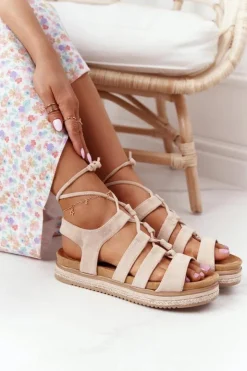 Boto Sandały Płaskie*Wiązane Sandały Na Platformie Beżowe Santorini