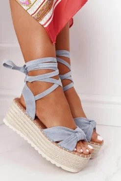 Sale Boto Wiązane Sandały Na Platformie Z Plecionką Niebieskie La Palma