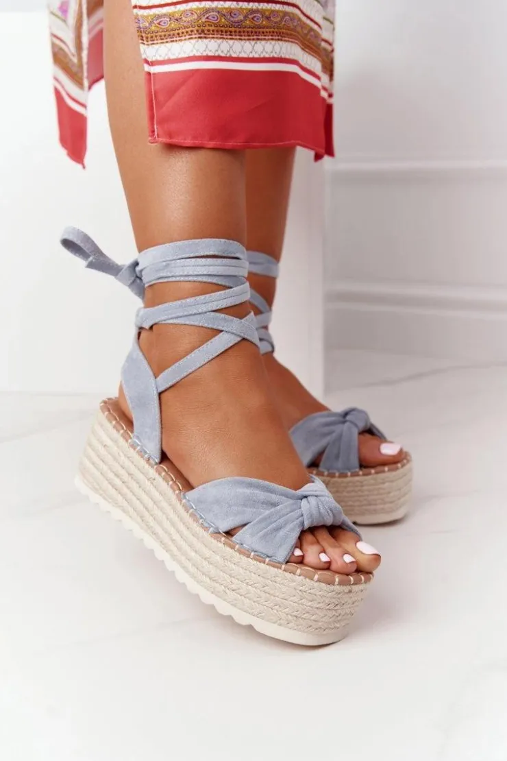 Sale Boto Wiązane Sandały Na Platformie Z Plecionką Niebieskie La Palma