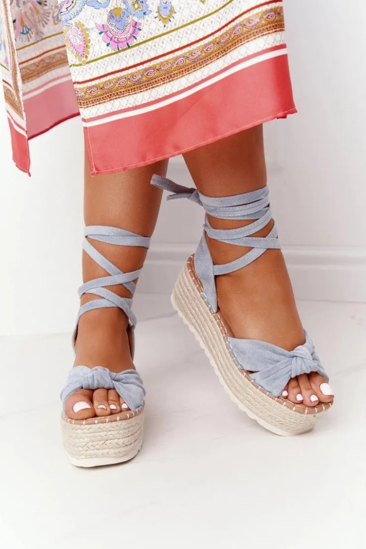 Sale Boto Wiązane Sandały Na Platformie Z Plecionką Niebieskie La Palma