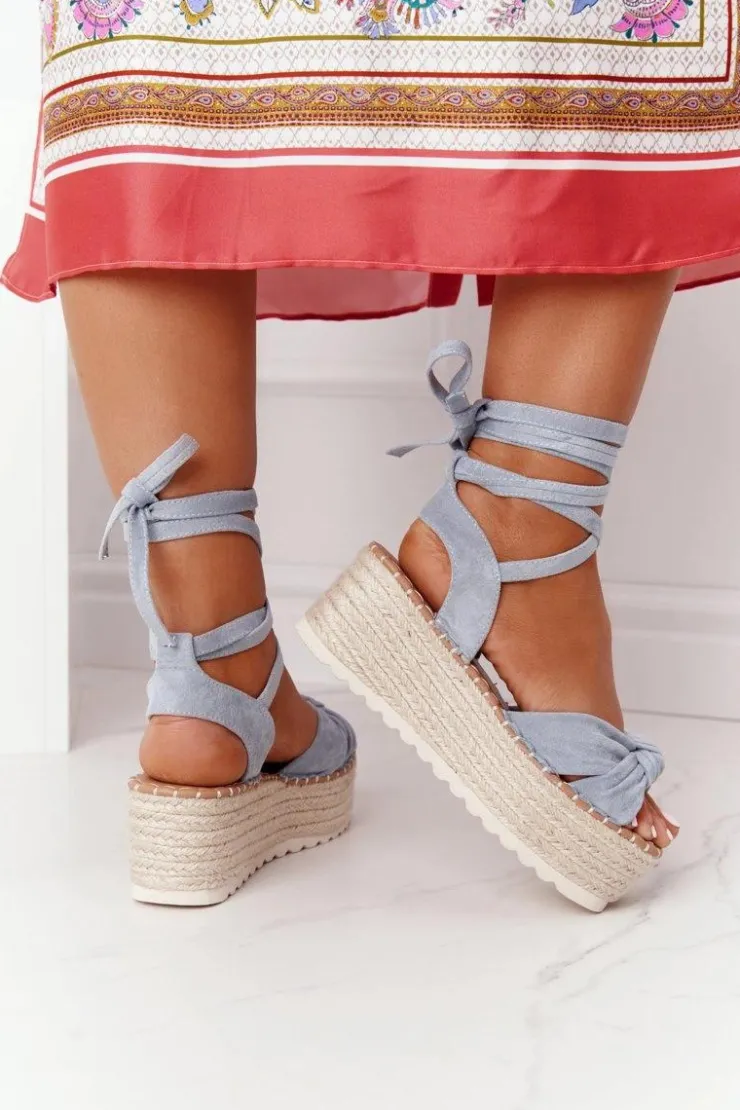 Sale Boto Wiązane Sandały Na Platformie Z Plecionką Niebieskie La Palma