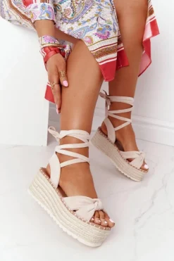 Boto Sandały Na Koturnie|Sandały Płaskie*Wiązane Sandały Na Platformie Z Plecionką Beżowe La Palma