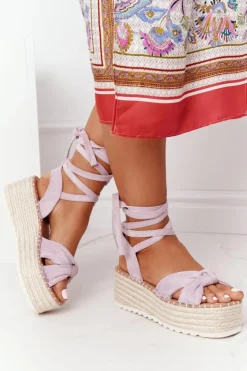 Damskie Boto Wiązane Sandały Na Platformie Z Plecionką Fioletowe La Palma